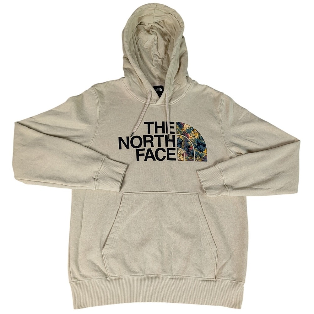 The North Face Mens Graphic Logo Pullover Hoodie Beige Floral Half Dome Fleece